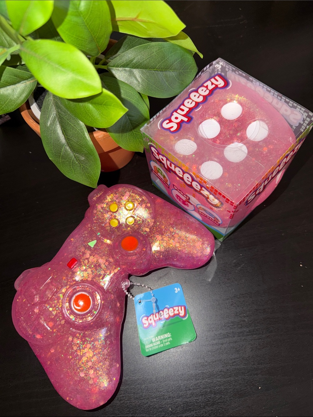TWO 2 pack Squeeze Squeezy Pink Glitter Game Controller & Jumbo Dice